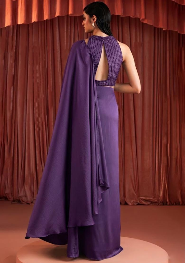 Pansy Purple Crepe Embellished Handwork Pre Draped Saree Set - Indya