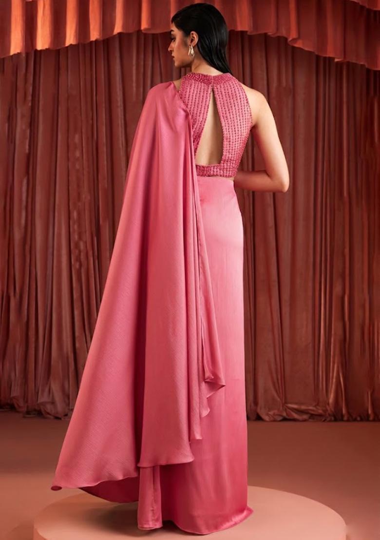 Pink Crepe Embellished Handwork Pre Draped Saree Set - Indya