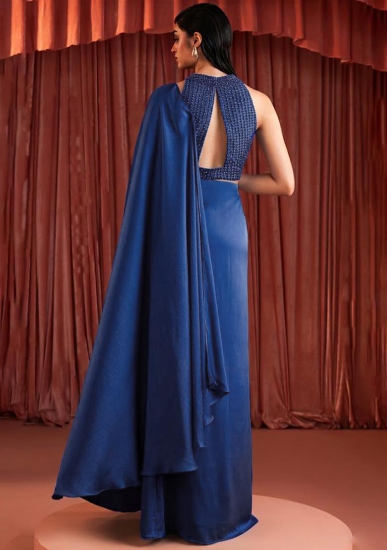 Royal Blue Crepe Embellished Handwork Pre Draped Saree Set - Indya