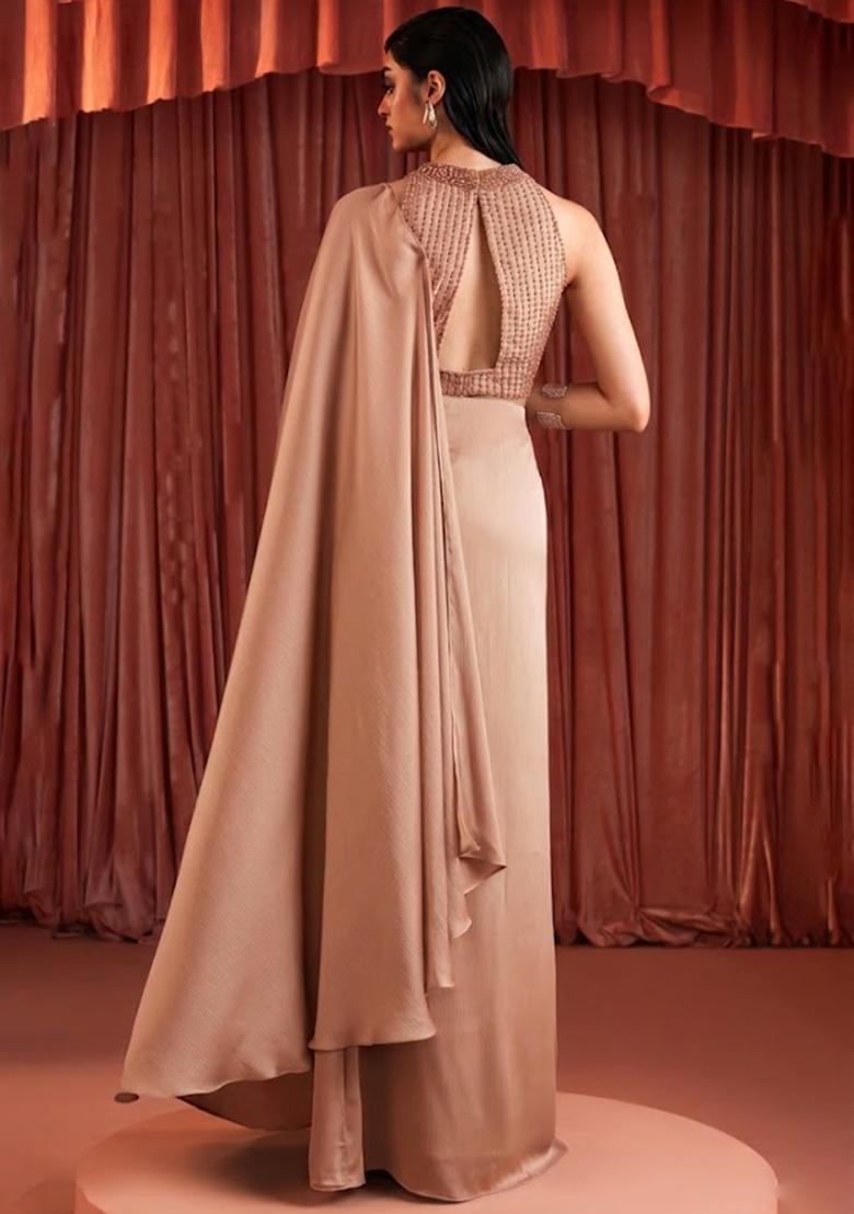 Nude Beige Crepe Embellished Handwork Pre Draped Saree Set - Indya