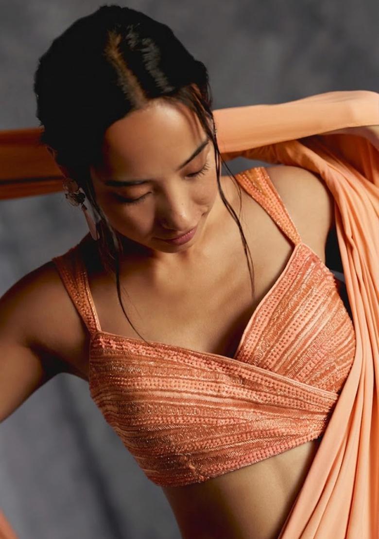 Orange Crepe Embroidered Handwork Pre Draped Saree Set - Indya