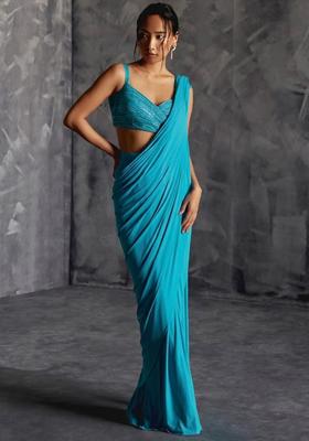 Blue Crepe Embroidered Handwork Pre Draped Saree Set