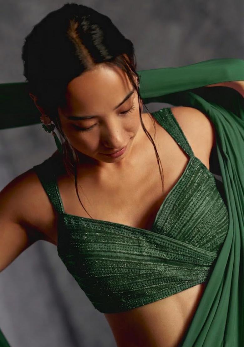 Dark Green Crepe Embroidered Handwork Pre Draped Saree Set - Indya