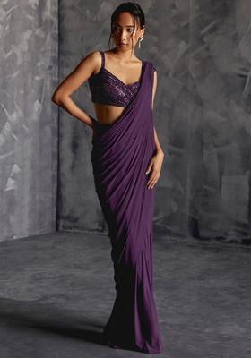 Ink Blue Crepe Embroidered Handwork Pre Draped Saree Set