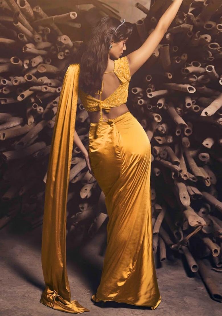Lemon Yellow Satin Embellished Handwork Pre Draped Saree Set - Indya