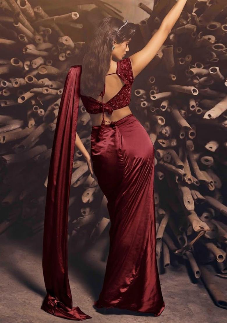 Bright Blue Satin Embellished Handwork Pre Draped Saree Set - Indya