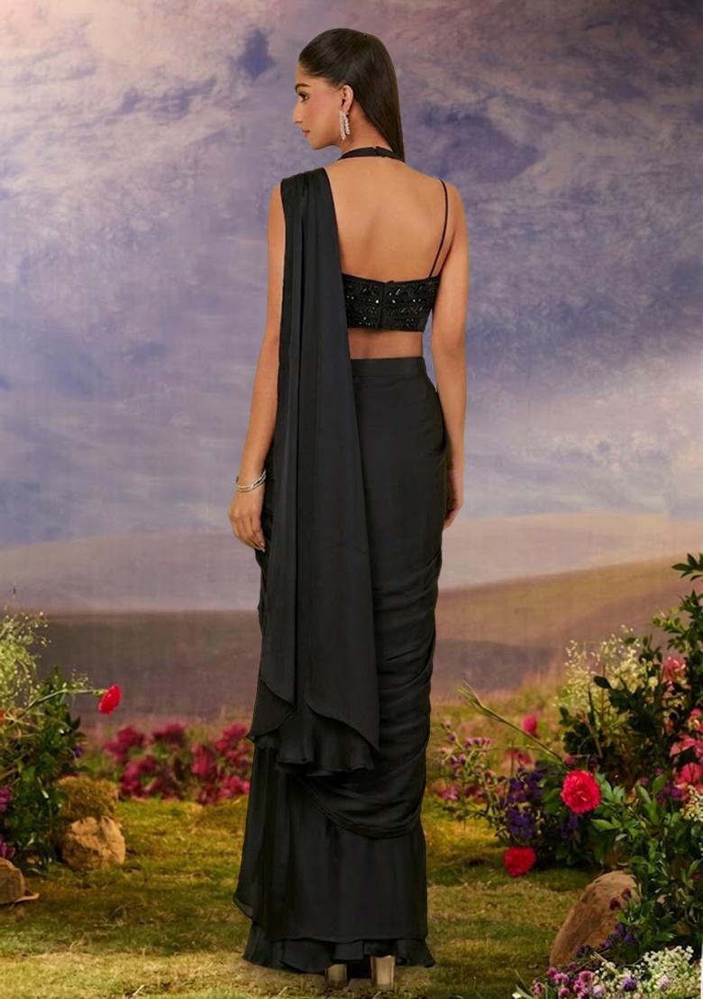 Black Chinon Embellished Handwork Pre Draped Saree Set - Indya