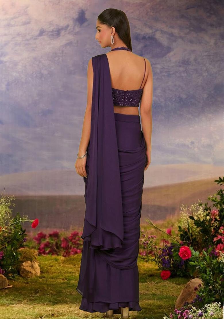 Cosmos Pink Chinon Embellished Handwork Pre Draped Saree Set - Indya