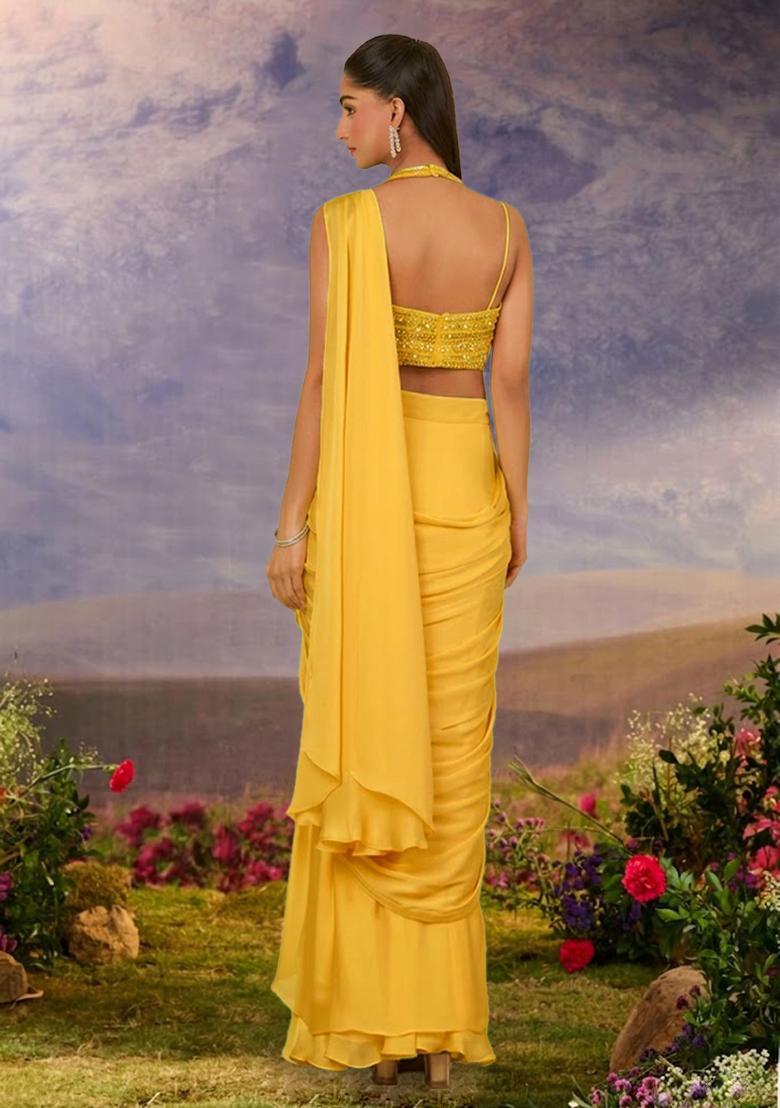 Lemon Yellow Chinon Embellished Handwork Pre Draped Saree Set - Indya
