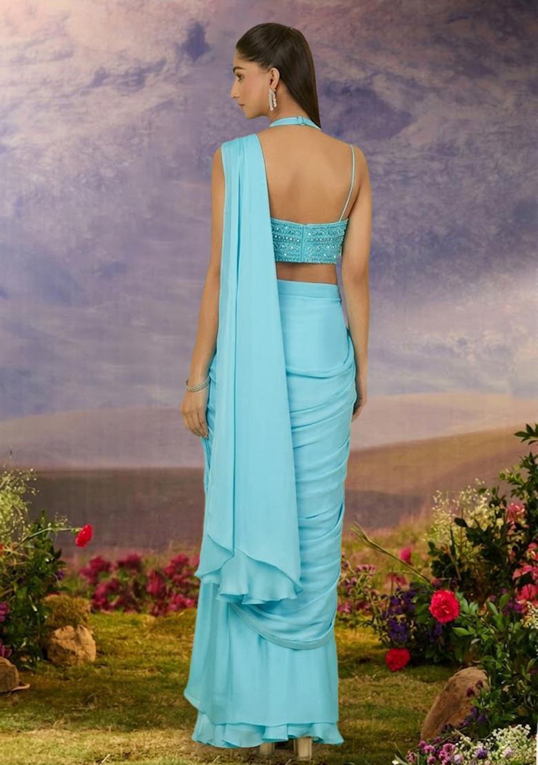 Tangerine Chinon Embellished Handwork Pre Draped Saree Set - Indya