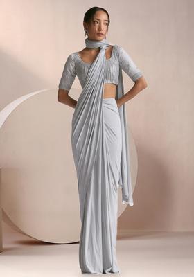 Grey Crepe Embellished Handwork Pre Draped Saree Set