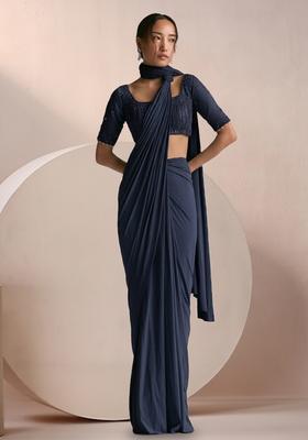 Iris Purple Crepe Embellished Handwork Pre Draped Saree Set