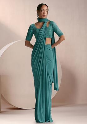 Ivy Green Crepe Embellished Handwork Pre Draped Saree Set