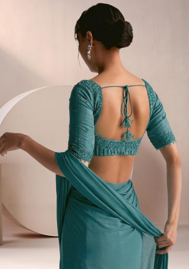 Ivy Green Crepe Embellished Handwork Pre Draped Saree Set - Indya