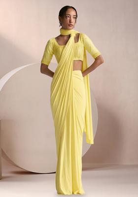 Lime Green Crepe Embellished Handwork Pre Draped Saree Set