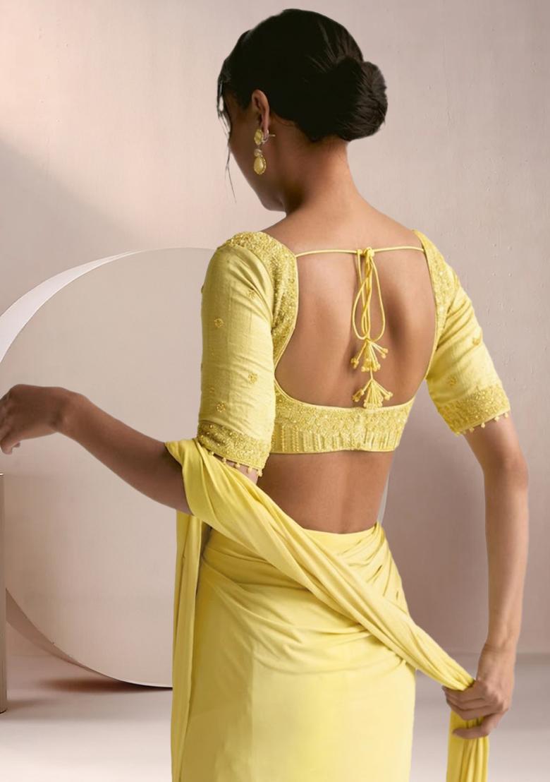 Lime Green Crepe Embellished Handwork Pre Draped Saree Set - Indya