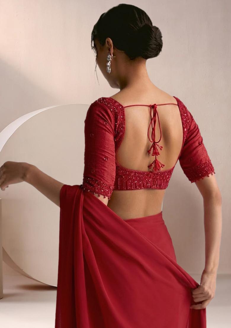 Red Crepe Embellished Handwork Pre Draped Saree Set - Indya