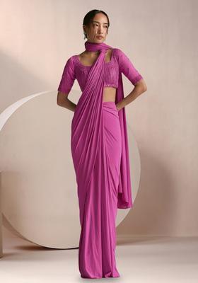 Rose Pink Crepe Embellished Handwork Pre Draped Saree Set