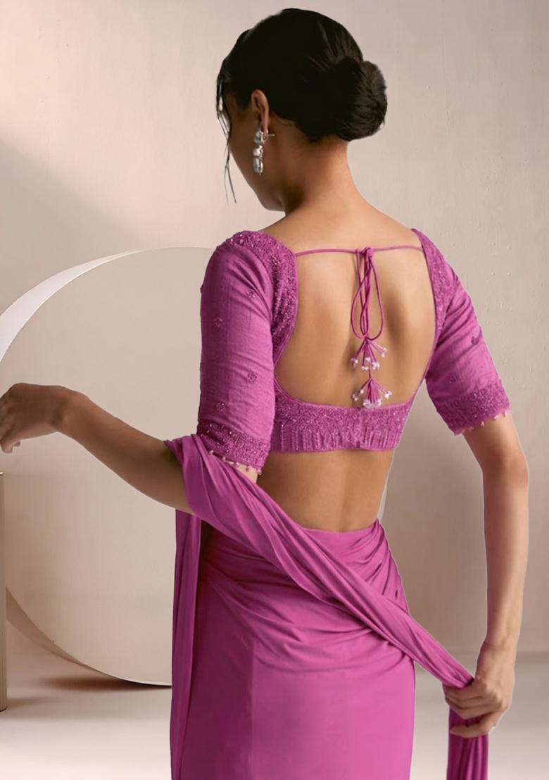 Rose Pink Crepe Embellished Handwork Pre Draped Saree Set - Indya