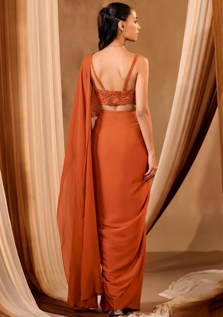 Rust Crepe Embroidered Handwork Pre Draped Saree Set - Indya