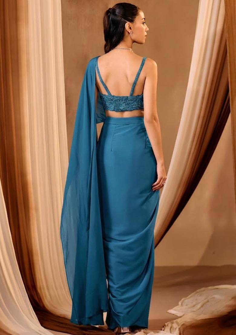 Blue Crepe Embroidered Handwork Pre Draped Saree Set - Indya