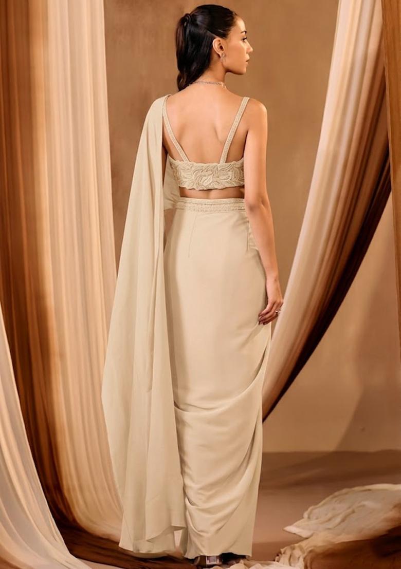 Buttercream Crepe Embroidered Handwork Pre Draped Saree Set - Indya