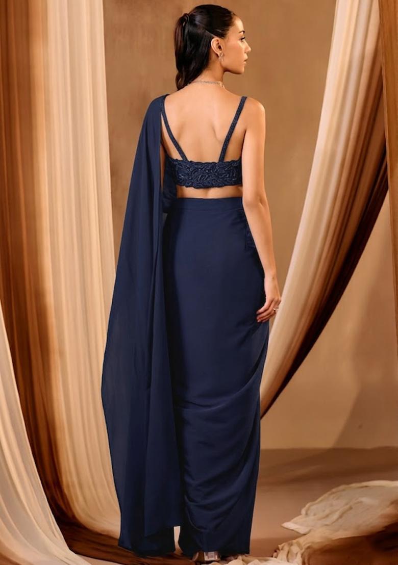 Dark Navy Crepe Embroidered Handwork Pre Draped Saree Set - Indya