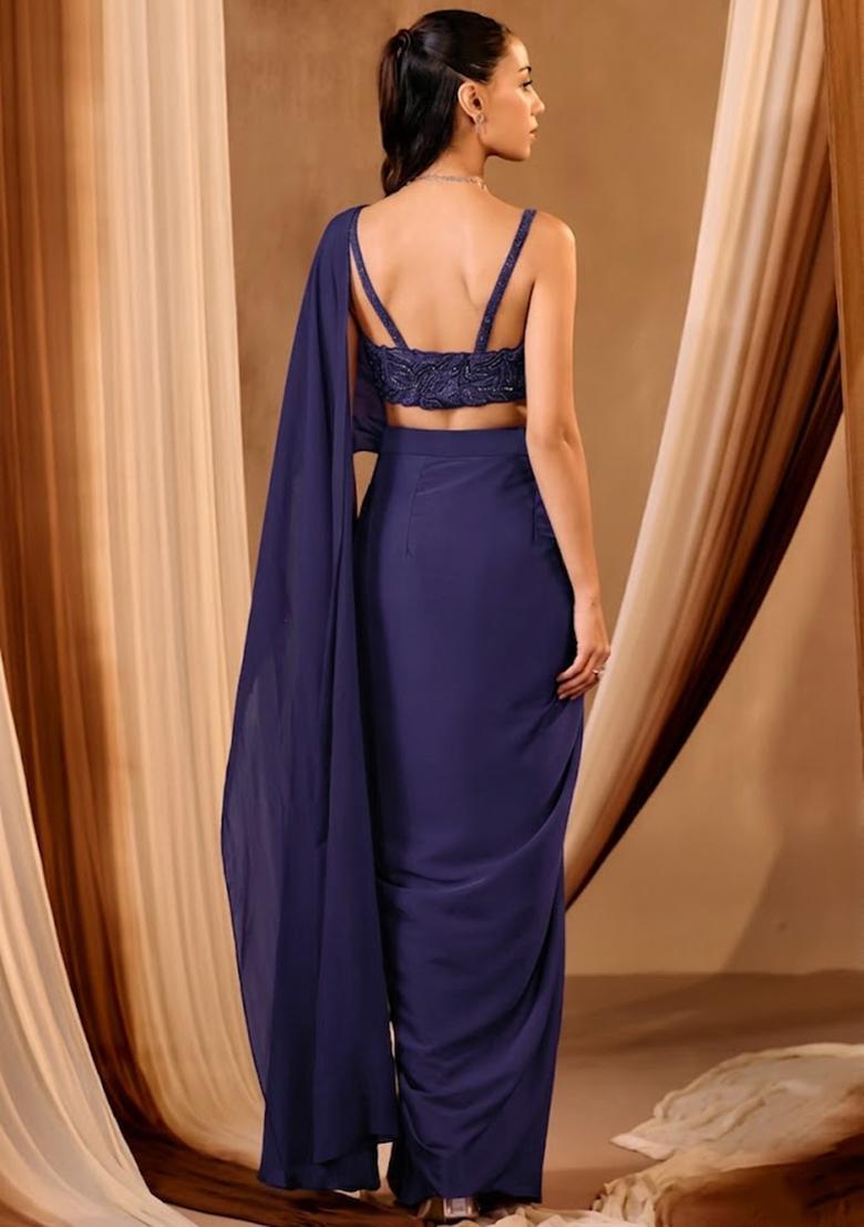 Baby Blue Crepe Embroidered Handwork Pre Draped Saree Set - Indya