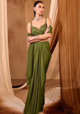 Olive Crepe Embroidered Handwork Pre Draped Saree Set