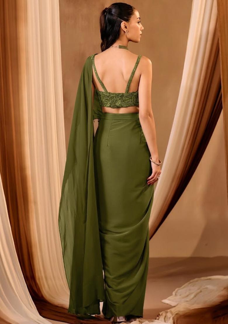 Olive Crepe Embroidered Handwork Pre Draped Saree Set - Indya