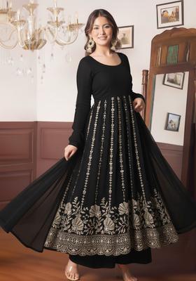 Black Embellished Crepe Anarkali Set