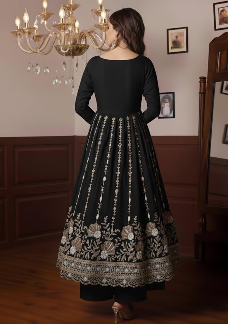 Black Embellished Crepe Anarkali Set - Indya
