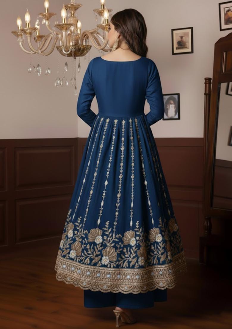 Blue Embellished Crepe Anarkali Set - Indya