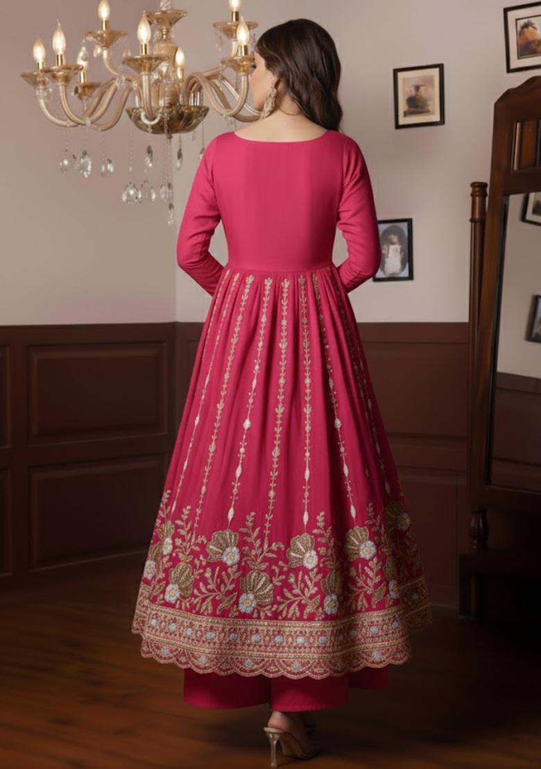 Pink Embellished Crepe Anarkali Set - Indya