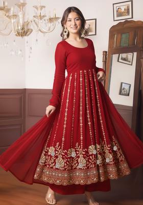 Red Embellished Crepe Anarkali Set