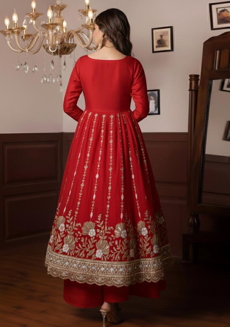 Red Embellished Crepe Anarkali Set - Indya