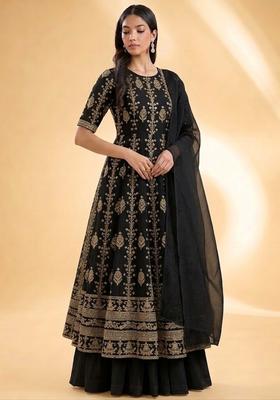Black Embroidered Silk Blend Anarkali Set