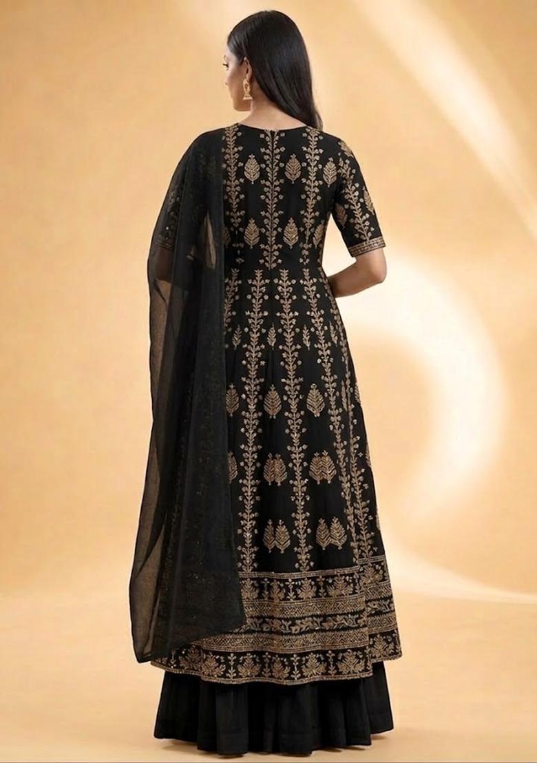 Black Embroidered Silk Blend Anarkali Set - Indya