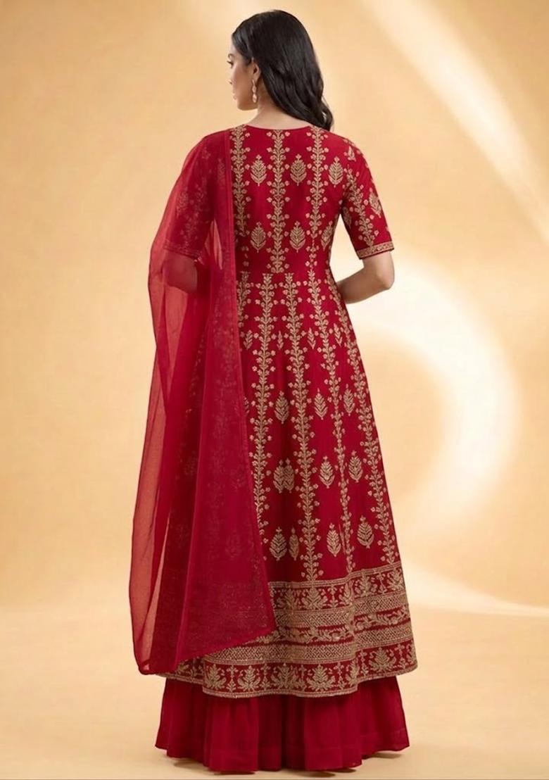 Red Embroidered Silk Blend Anarkali Set - Indya