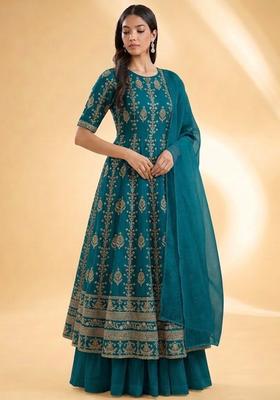 Teal Embroidered Silk Blend Anarkali Set