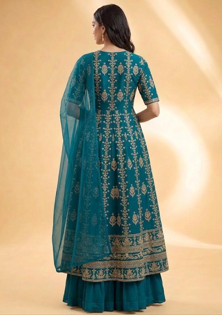 Teal Embroidered Silk Blend Anarkali Set - Indya