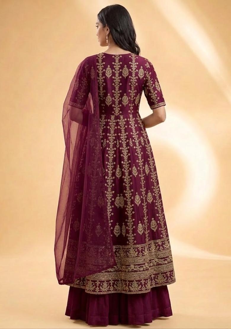 Wine Embroidered Silk Blend Anarkali Set - Indya