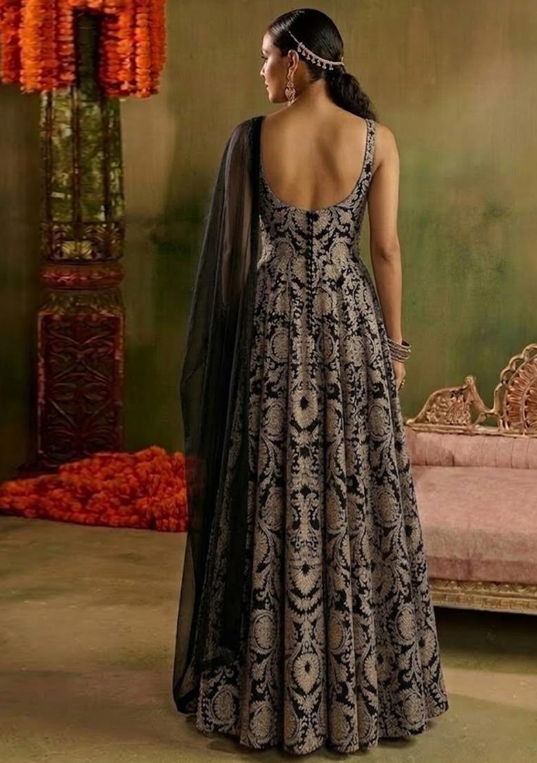 Black Silk Blend Anarkali With Dupatta - Indya