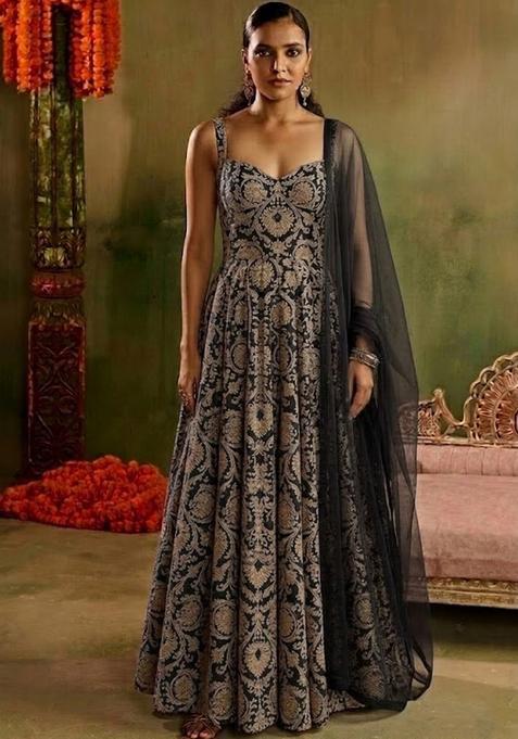 Black Silk Blend Anarkali With Dupatta