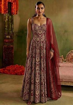 Red Silk Blend Anarkali With Dupatta
