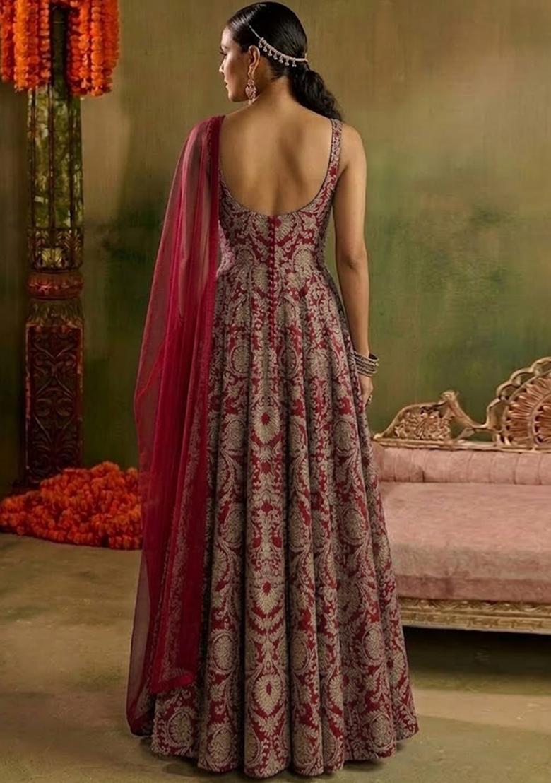 Red Silk Blend Anarkali With Dupatta - Indya
