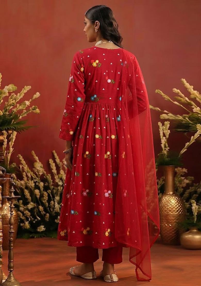Bright Red Embroidered Chanderi Anarkali Set - Indya
