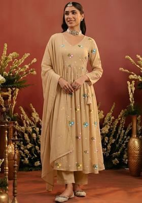 Beige Embroidered Chanderi Anarkali Set