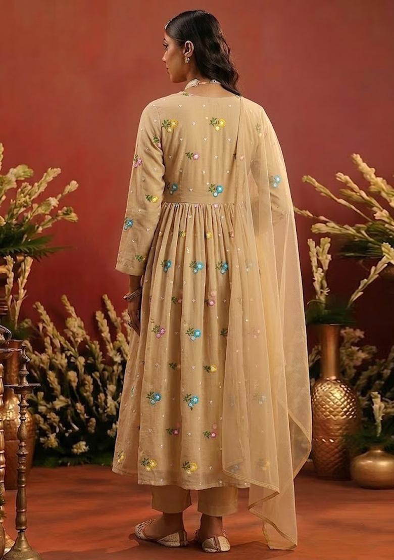 Beige Embroidered Chanderi Anarkali Set - Indya
