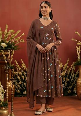Brown Embroidered Chanderi Anarkali Set